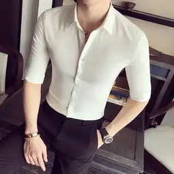 2018夏季男装修身纯色七分袖衬衣男士韩版修身短袖衬衫图片大全邮乐官方网站