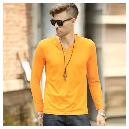 男装秋装欧美简约新品v领t恤纯色长袖纯棉修身打底衫