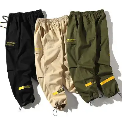 春秋新款白底潮牌纯棉休闲裤青少年宽松时尚束脚工装裤子男