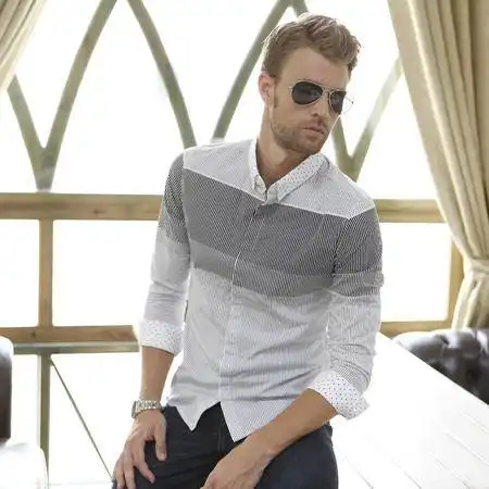 斯帕乐秋装新品黑白色条纹时尚休闲纯棉长袖衬衫男士衬衫3312d9004