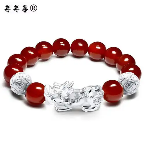 s925纯银招财貔貅手链情侣玛瑙手链男女转运珠手串,一品好特惠