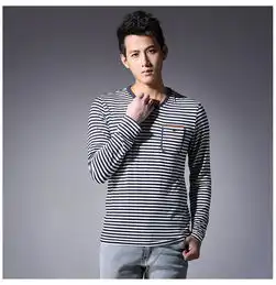 格男仕genanx2014春季新款时尚百搭简约蓝白条纹男士v领长袖t恤c151