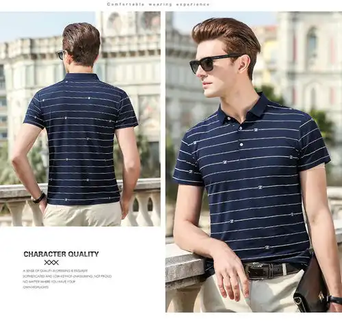 翻领大码条纹t恤男半袖t衫宽松男装上衣夏季新款短袖男体恤衫牌服