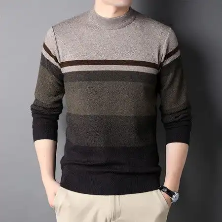 verhouse男士针织衫冬季新款圆领加厚条纹毛衣中年男士舒适保暖毛衫