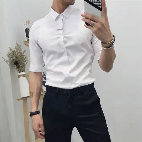 中袖衬衫男士七分袖上衣韩版修身休闲半袖白色衬衫男短袖衬衣夏季