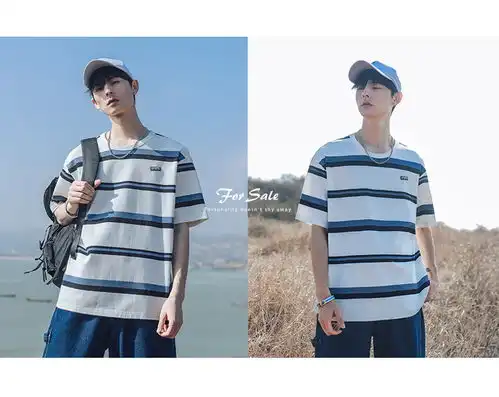 韩路主推系列2021夏新款情侣短袖t恤男宽松黑白条纹圆领体恤男装