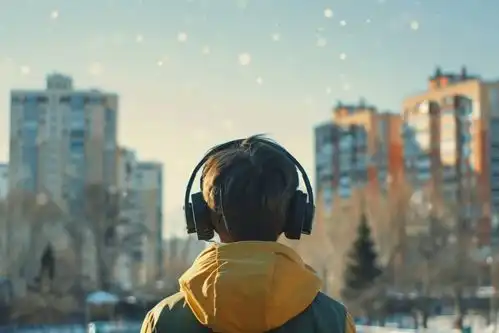 戴耳机的趣味年轻人背影摄影图下载至来源处
