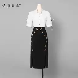 2018夏装新款欧美时尚套装小立领短袖白衬衣开衩显瘦半裙女装