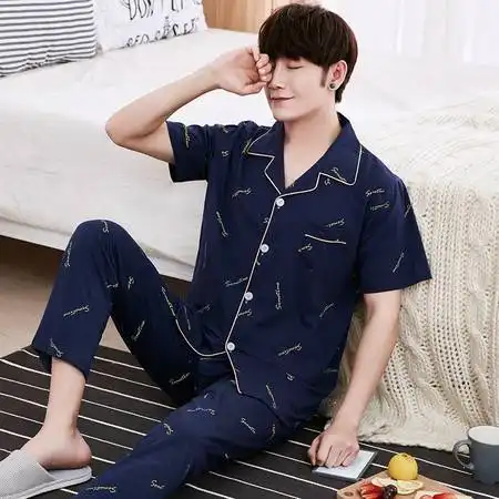 卓纪睡衣男士纯棉夏季短袖长裤条纹大码套装男款薄款家居服男式全棉夏图片大全邮乐官方网站