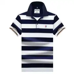 汤河之家新款夏季男士短袖t恤纯棉色织条纹翻领中青年丝光体恤衫