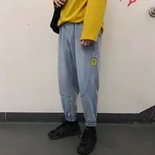 港风牛仔裤男宽松韩版潮流浅色哈伦束脚男士休闲百搭裤