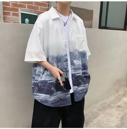 汤河之家2020夏装新款时尚山水画印花男士半袖衬衫港风短袖衬衣a