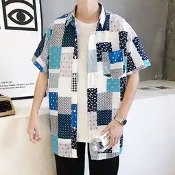 42棉文艺男夏装日系宽松花衬衫五分袖控港风学生韩版潮流