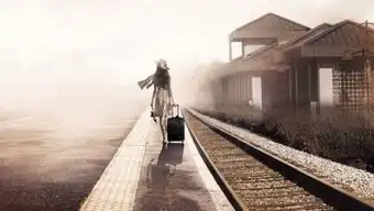 求图一个绿色背景一个穿着厚衣服的男人衣服有帽子背影拉着一个行李箱的大图壁纸