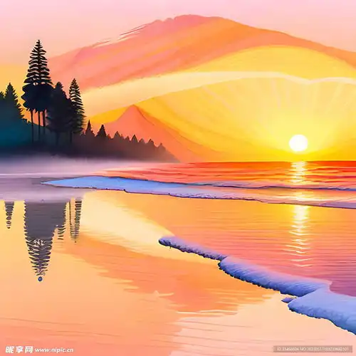 海边日出水彩风景画设计图自然风光