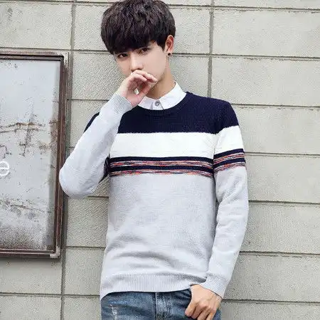 g2017秋冬新款圆领毛衣男拼色条纹