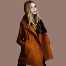女装毛呢外套2013秋冬新款欧美范中长款呢子大衣长袖双排扣风衣女