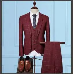 送衬衫领带领结大格子秋季男士西服三件套新郎结婚礼服英伦修身