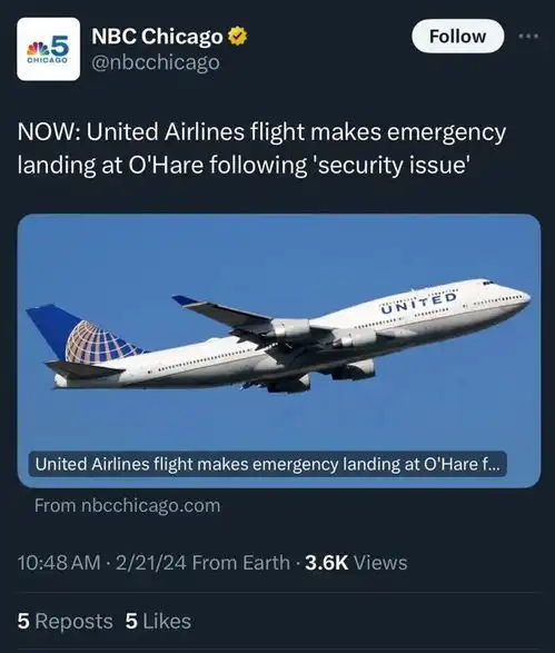 真悬美联航飞机收到炸弹安全威胁,紧急迫降