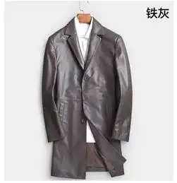 汤河之家2019新款头层牛皮真皮风衣男中长款修身厚款西装领单排扣大衣外套海宁c