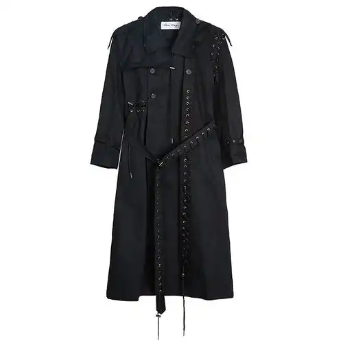 欧美潮牌宽松长款过膝风衣男ins暗黑风穿绳拼结构款大衣外套