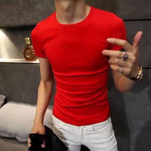 纯棉短袖男士紧身t恤圆领纯色体恤打底衫半袖纯黑白色社会小伙男