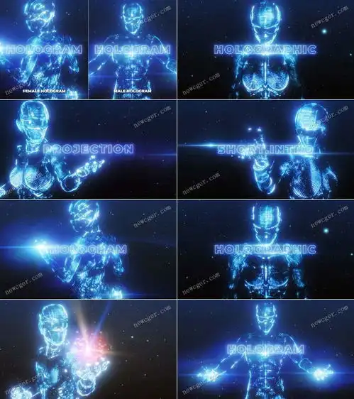 更新至v2版,未来派全息人物影像和标题特效展示ae模板,含男性和女性