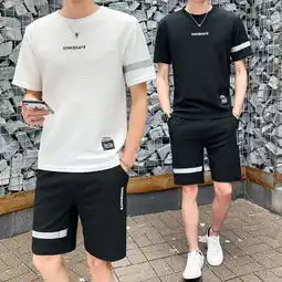 男士夏季短袖t恤套装韩版潮流修身休闲男装半袖两件套青少年衣服