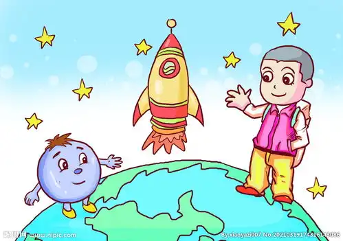 卡通小男孩地球上看火箭漫画场景图片