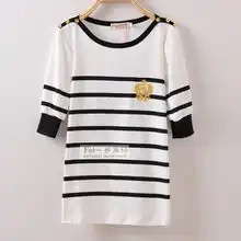 flenkly芙兰奇条纹百搭打底衫女式时尚五分中性t恤