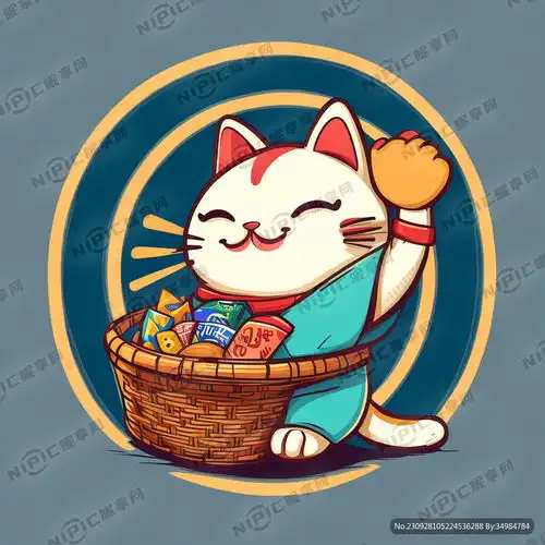 ai创作图卡通手绘招财猫抱着一大筐零食色彩丰富可爱的艺术创想标志nipic.com