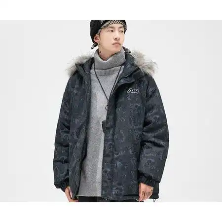 韩路日系男装漫画满印棉服男2021冬季新款连帽加厚毛领羽绒棉衣潮