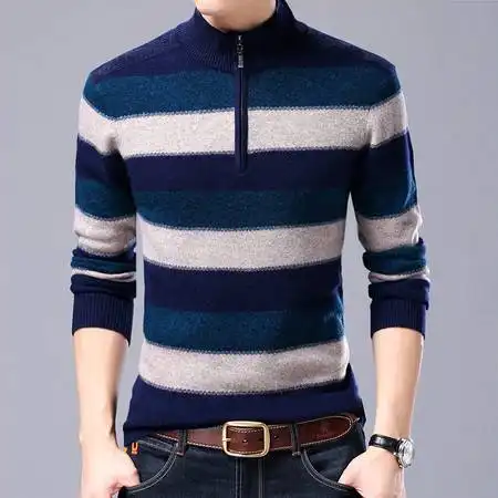 汤河之家新款男士羊毛衫拉链半高领青年条纹毛衣男装