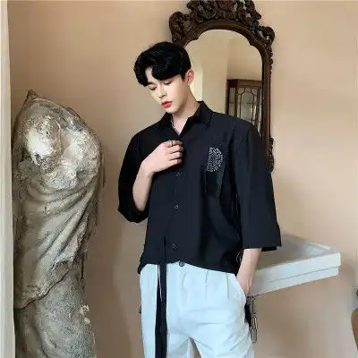 新款夏季潮流男装暗黑风个性织带拼接条纹休闲短袖衬衫s10p75