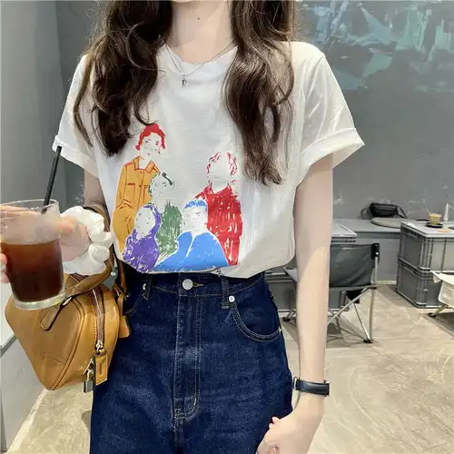 施悦名网红ins潮卡通印花短袖t恤2021年新款小众时尚宽松百搭别致上衣女