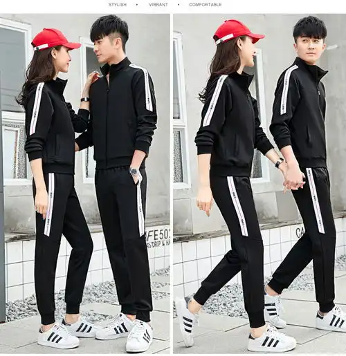 汤河之家新款男士韩版时尚休闲学生运动套装男女春季跑步服情侣装