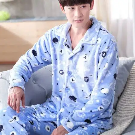 睡衣男加厚套装保暖法兰绒中老年家居服珊瑚绒图片大全邮乐官方网站