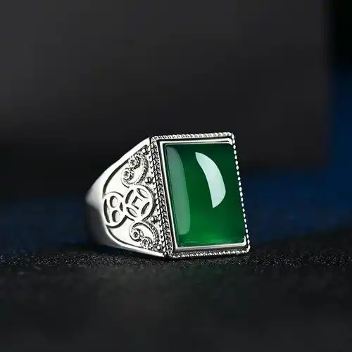 绿玉髓霸气925银男戒开口扳指礼物指环绿宝石色带证书包装礼品