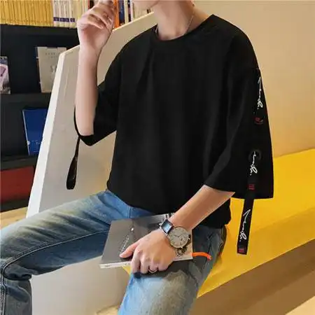 夏季原宿风bf五分袖t恤男学生短袖韩版体恤宽松潮流七分袖上衣服