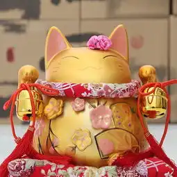 正版招财猫摆件大号金色陶瓷日本招财猫存钱罐...