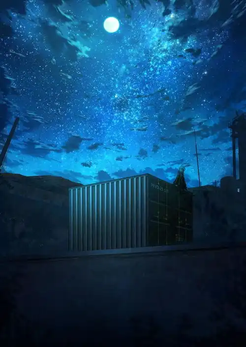 梦一般的风景插画夕阳,月夜,星空,鲸