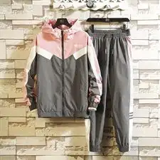 慵懒风套装男2019春季连帽卫衣外套男潮宽松撞色两件套ds366tp95