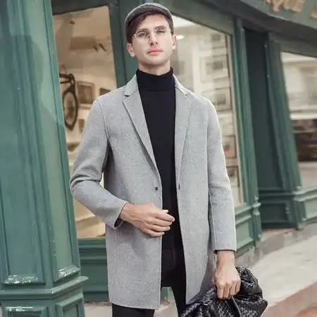 汤河之家2018冬季新款双面呢大衣男纯色修身毛呢中长款韩版潮流男士外套图片大全邮乐官方网站