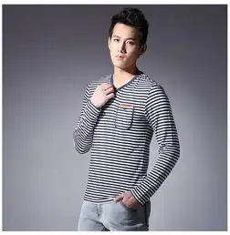 格男仕genanx2014春季新款时尚百搭简约蓝白条纹男士v领长袖t恤c151