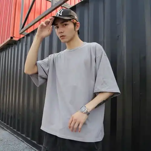 春季纯色体恤男宽松韩版潮流港风白色五分袖t恤短袖潮牌5分上衣袖