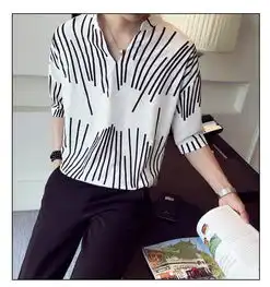 韩版条纹v领中袖男款衬衫