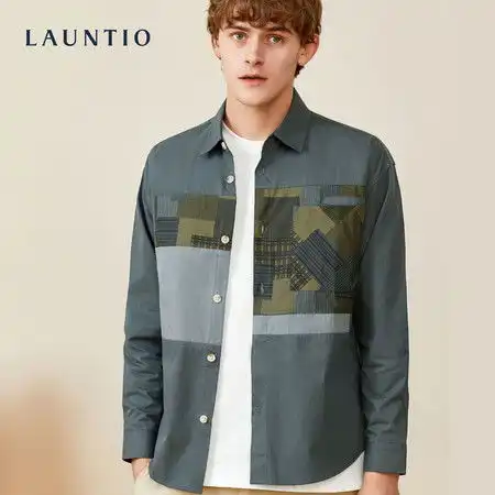 汤河之家秋季男士长袖外套男2021青年简约休闲不对称拼色棉衬衫男