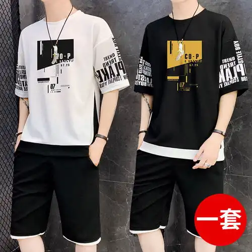 夏季短袖套装男宽松版港风学生休闲套装男青少年大码运动两件套潮