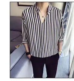 韩版条纹v领中袖男款衬衫