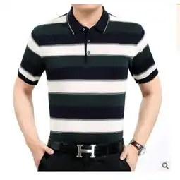 中年翻领条纹针织衫爸爸装桑蚕丝体恤衫男装夏季新款短袖t恤男莫菲